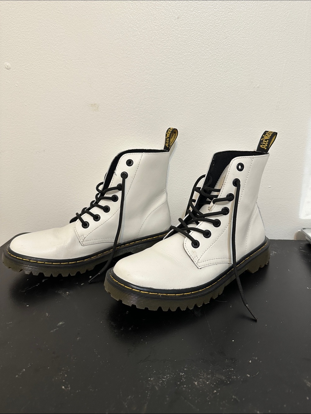 Dr. Martens White Leather Lace-Up Combat Boots with Black Laces